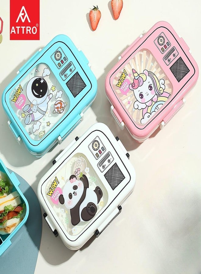 ATTRO Craze Panda Theme Kids Lunch Box with 3 Compartment, 1 Separate Internal Lid, 1 Small Container & Spoon Microwave Safe- 1290ml+70ml White - Image 5